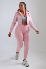 Pink Zip Up Crop Hoodie & Joggers Loungewear Set - Nell
