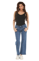 Blue High Waisted Wide Leg Jeans with White Pinstripe Detail- Ciara