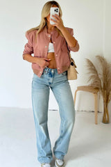 Dusty Pink Cropped Long Sleeve Bomber Jacket - Hiva