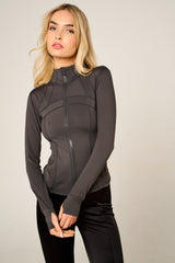 Dark Grey High Neck Fitted Zip Up Lightweight Jacket - Sovanna