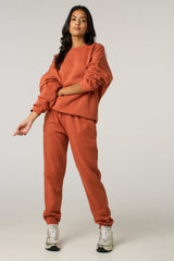 Rust Oversized Long Sleeve Crew Neck Raw Hem Crop Sweatshirt Cuffed Joggers Loungewear Set - Averi