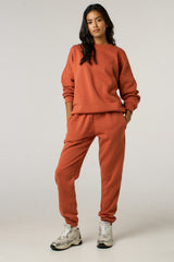 Rust Oversized Long Sleeve Crew Neck Raw Hem Crop Sweatshirt Cuffed Joggers Loungewear Set - Averi
