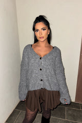 Grey Fluffy Knit V Neck Gold Button Up Soft Chunky Cardigan - Sibelina