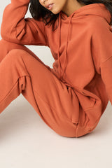 Rust Oversized Front Pocket Pullover Hoodie Cuffed Joggers Loungewear Set - Alexia