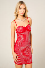 Red Rhinestone Embellished Corset Strappy Bodycon Mini Dress - Lirenza
