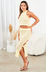Yellow Crochet Knitted Top and Midi Skirt Slit Tie Side Set Co Ord - Lily