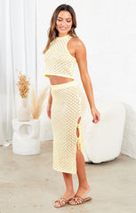 Yellow Crochet Knitted Top and Midi Skirt Slit Tie Side Set Co Ord - Lily