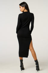 Black Ribbed Knitted Long Sleeve Skinny Maxi Dress - Tallara