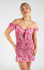 Pink Ditsy Floral Knot Front Shirred Mini Dress - Amarisse