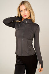 Dark Grey High Neck Fitted Zip Up Lightweight Jacket - Sovanna