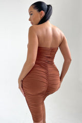 Pale Chocolate Strapless Ruched Midi Dress - Salma