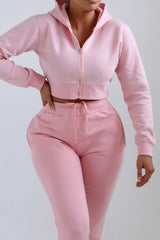 Pink Zip Up Crop Hoodie & Joggers Loungewear Set - Nell
