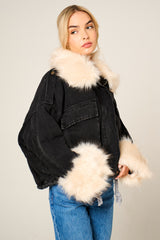 Black Denim Cream Faux Fur Fluffy Oversized Jacket - Sacha