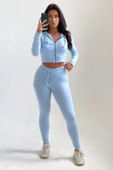 Light Blue Ribbed Zip Front Hoodie & Joggers Two Piece Set - Callie