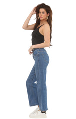 Blue High Waisted Wide Leg Jeans with White Pinstripe Detail- Ciara