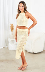 Yellow Crochet Knitted Top and Midi Skirt Slit Tie Side Set Co Ord - Lily