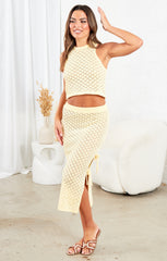 Yellow Crochet Knitted Top and Midi Skirt Slit Tie Side Set Co Ord - Lily