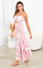 Pink Floral Cut Out Detail Off Shoulder Bralette Maxi Dress - Leona