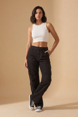 Black Cargo Wide Leg Relaxed Fit Utility Trousers - Menisa