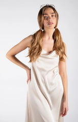 Beige Cowl Neck Satin Lace Up Back Strappy Bodycon Midi Dress - Elissara