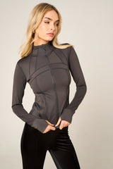 Dark Grey High Neck Fitted Zip Up Lightweight Jacket - Sovanna