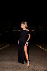 Black Slinky Bardot One Shoulder Ruched Double Layer Maxi Dress- Marissia