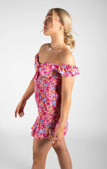 Pink Ditsy Floral Knot Front Shirred Mini Dress - Amarisse