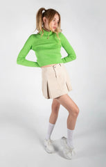 Beige Denim Pleated Mini Skirt - Cassara