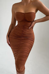 Pale Chocolate Strapless Ruched Midi Dress - Salma