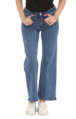 Blue High Waisted Wide Leg Jeans with White Pinstripe Detail- Ciara