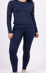 Navy Stretch Long Sleeve Top and Leggings Activewear Set - Elara