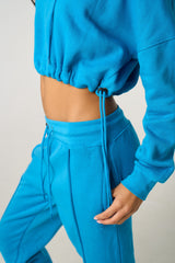 Dusky Blue Boxy Cropped Hoodie Cuffed Joggers Loungewear Set - Cailleigh