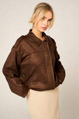 Brown Faux Suede Zip Up Bomber Jacket - Luziana