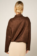 Brown Faux Suede Zip Up Bomber Jacket - Luziana