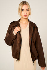 Brown Faux Suede Zip Up Bomber Jacket - Luziana
