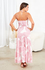 Pink Floral Cut Out Detail Off Shoulder Bralette Maxi Dress - Leona