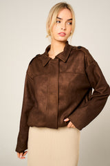 Brown Faux Suede Zip Up Bomber Jacket - Luziana