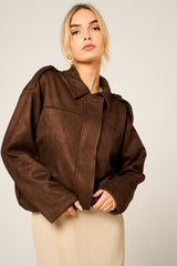 Brown Faux Suede Zip Up Bomber Jacket - Luziana