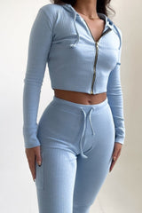 Light Blue Ribbed Zip Front Hoodie & Joggers Two Piece Set - Callie