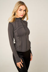 Dark Grey High Neck Fitted Zip Up Lightweight Jacket - Sovanna