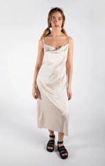 Beige Cowl Neck Satin Lace Up Back Strappy Bodycon Midi Dress - Elissara