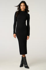 Black Ribbed Knitted Long Sleeve Skinny Maxi Dress - Tallara