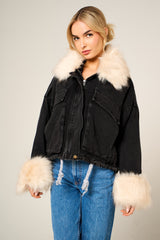 Black Denim Cream Faux Fur Fluffy Oversized Jacket - Sacha