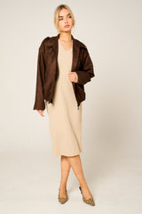 Brown Faux Suede Zip Up Bomber Jacket - Luziana