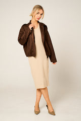 Brown Faux Suede Zip Up Bomber Jacket - Luziana