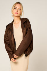 Brown Faux Suede Zip Up Bomber Jacket - Luziana