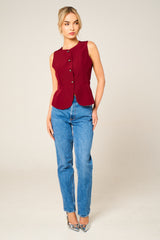 Wine Tailored Fitted Button Front Waistcoat - Viatara