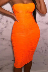 Neon Orange Strapless Ruched Midi Dress - Salma
