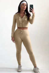 Stone Ribbed Zip Front Hoodie & Joggers Two Piece Set - Callie