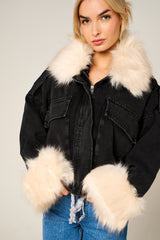 Black Denim Cream Faux Fur Fluffy Oversized Jacket - Sacha
